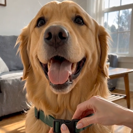 Fastening the green strap around a happy golden retriever