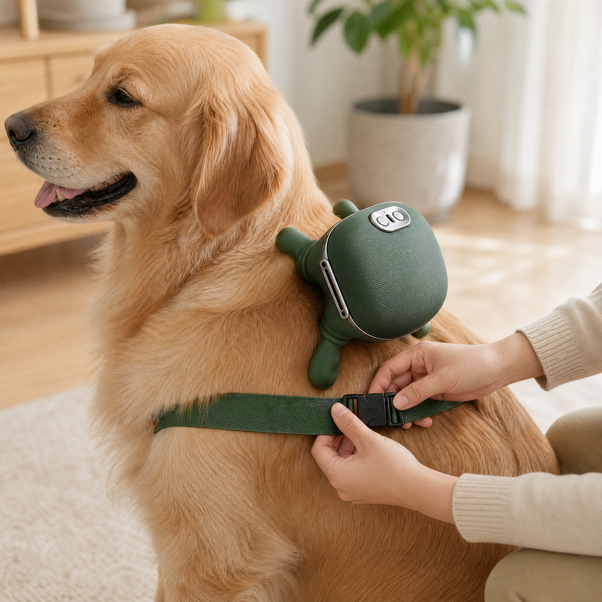 Fastening the strap around a dog