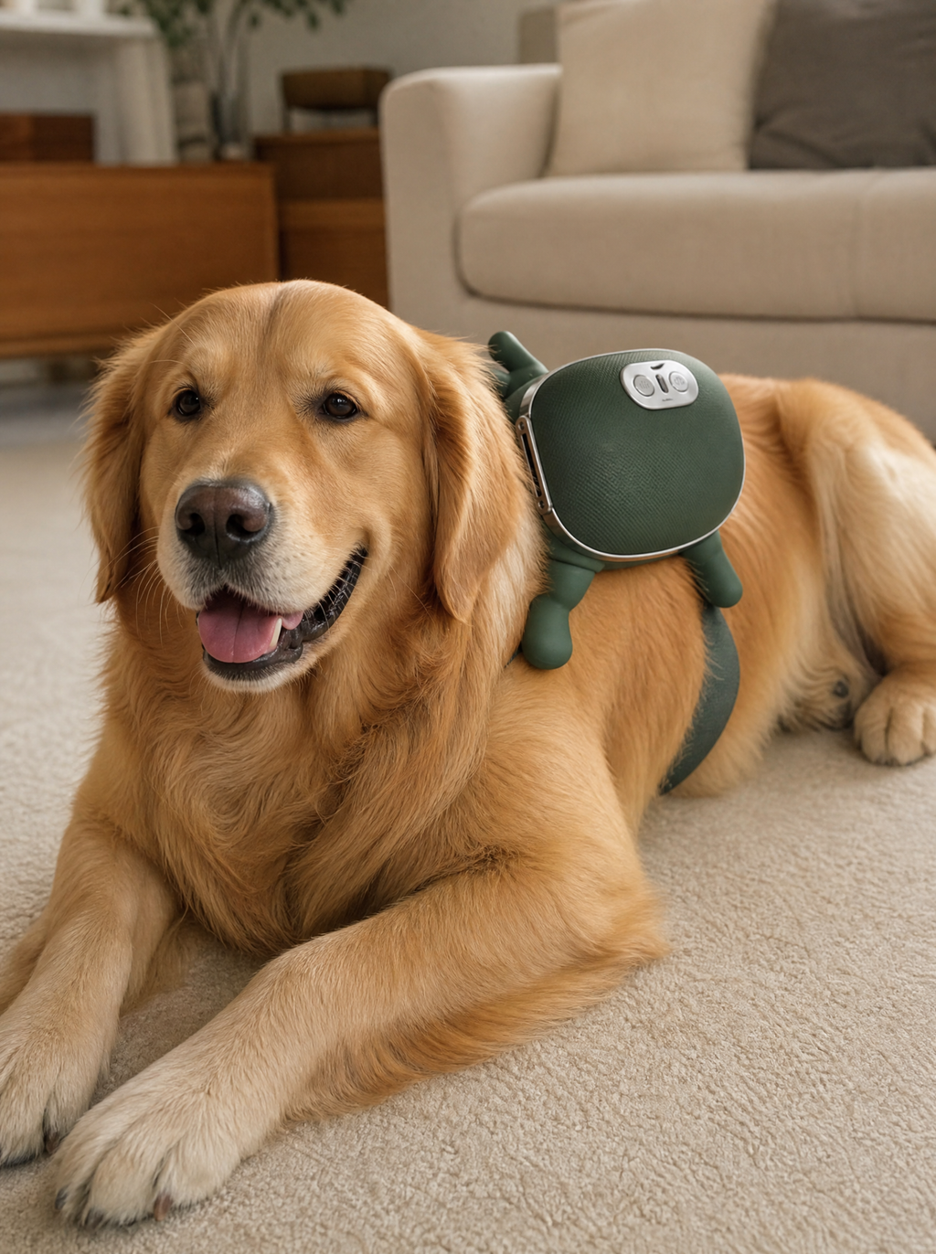 Calm dog lying on the rug with the massager