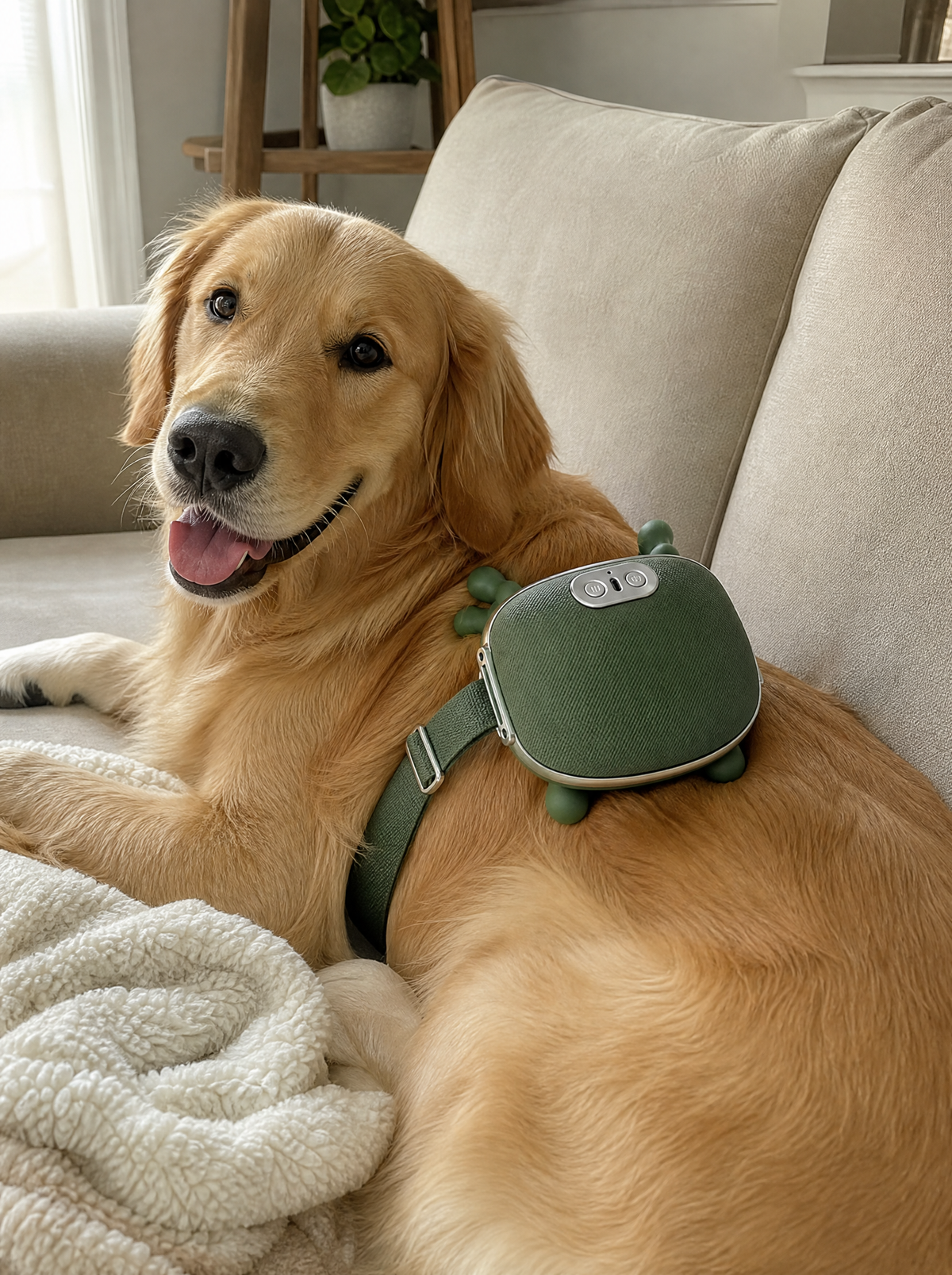 Golden retriever relaxing with the green massager on the sofa