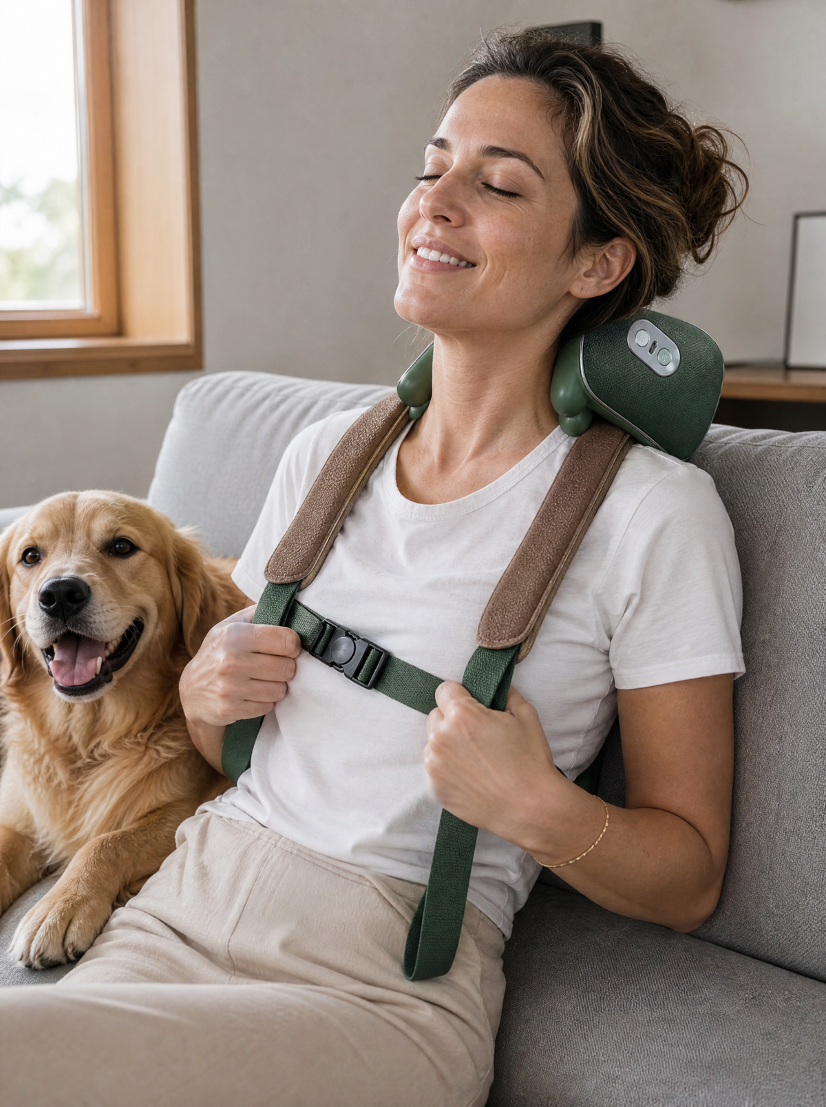 Woman using the massager on her shoulders next to her dog