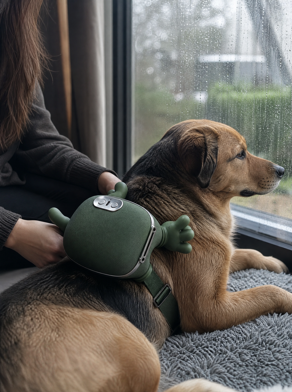 Dog resting by a rainy window with the massager
