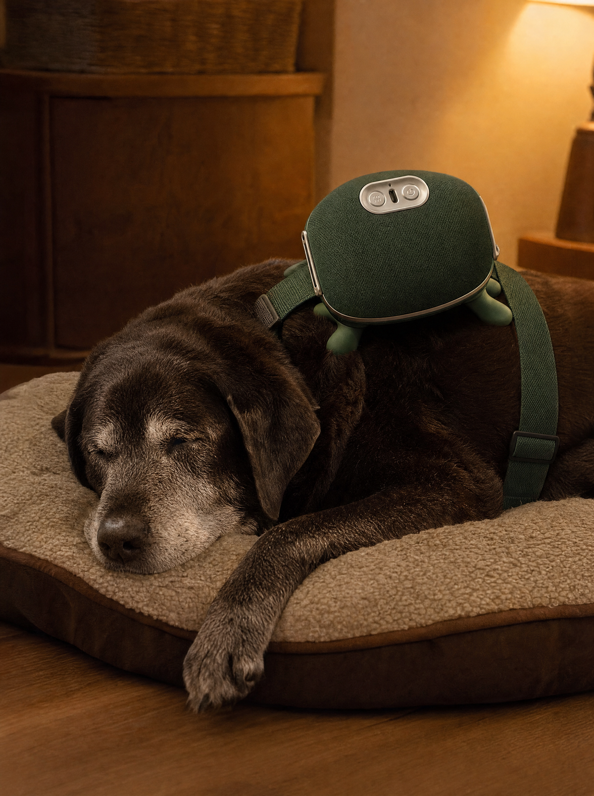 Senior dog resting with the green massager on its back