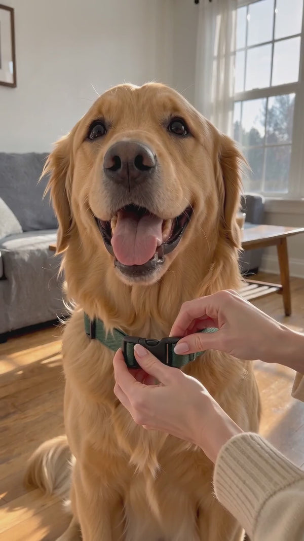Fastening the massager strap on a golden retriever